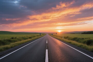 Naklejka premium A stunning sunset illuminates a straight road stretching into the horizon, framed by lush green fields.