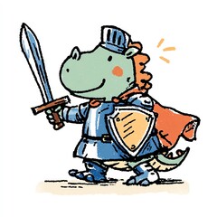 A whimsical dragon, clad in knights armor, playfully brandishes his gleaming sword.