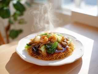 湯気が立ちのぼる熱々の五目あんかけ焼きそば