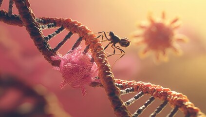 A CGI depiction showing an ant exploring a DNA helix, with virus-like forms nearby