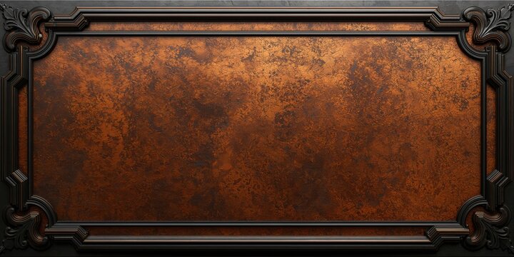 Opulent baroque frame in dark bronze embracing a distressed, grungy copper metallic background, offering a luxurious vintage design template.