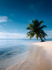 A coconut tree stands out against a quiet beach and clear skies.