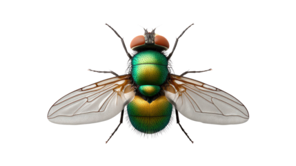 Iridescent Fly: A macro-level illustration showcasing a green fly with iridescent metallic wings and striking red eyes, captured with crisp detail to highlight the beauty of insects.