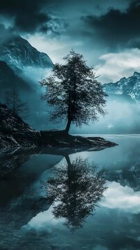 Serene Lake Landscape with Tree and Mountains - Cinematic Nature Video