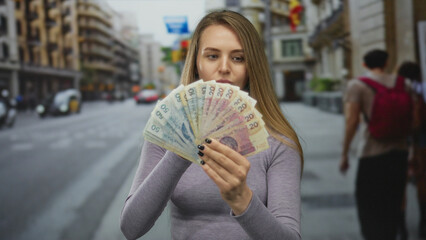 Young woman holds polish zloty banknotes on a busy city street, capturing a modern financial theme outdoors.