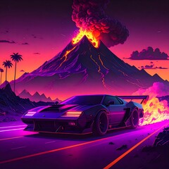 Retro-styled sports car speeding past a volcanic eruption at sunset