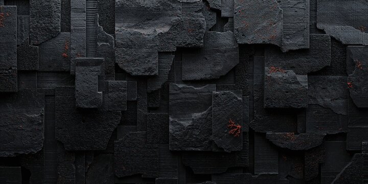 Abstract dark charcoal stone wall texture with rugged, uneven block shapes and subtle vibrant orange specks, creating a dramatic background.