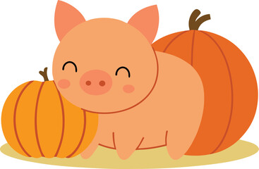 Cute Piglet Rolling Happily in a Pile of Fresh Straw Farm Animal Vector illustration