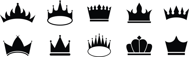Crown icon set with black and outline royal crowns, luxury monarchy and queen king symbols, vector illustration collection for logo, fashion, jewelry, award and premium design template