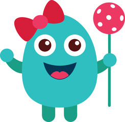 Happy Monster with Three Eyes and a Polka Dot Bow Fun Character Vector illustration