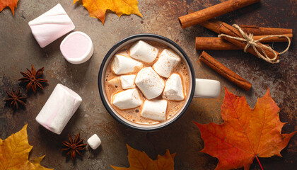 Cozy Autumn Hot Chocolate Flat Lay with Marshmallows and Cinnamon
