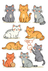 Adorable cartoon cats in various colors and poses, playing with yarn, sparkling with joy.