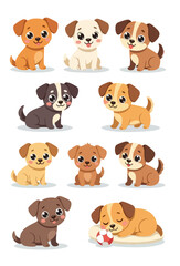 Adorable cartoon puppies in various colors and poses, sitting with joyful, tongue-out expressions.
