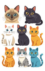 Cute cartoon cats collection with different colors and breeds, playful and adorable pet illustrations.