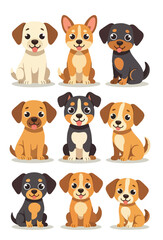 Naklejka premium Adorable cartoon puppies in various colors and poses, sitting with joyful, tongue-out expressions.