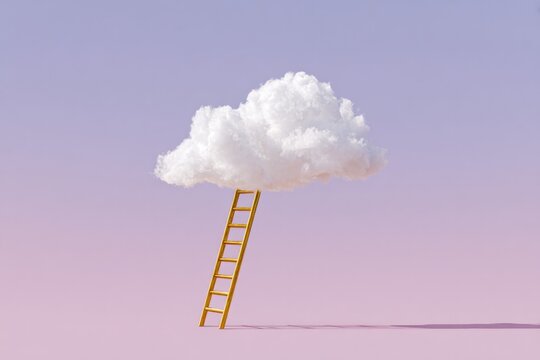 Fluffy cloud balanced on ladder against soft pastel backdrop evo