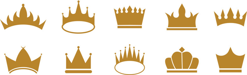 Crown icon set with gold, outline royal crowns, luxury monarchy and queen king symbols, vector illustration collection for logo, fashion, jewelry, award and premium design template