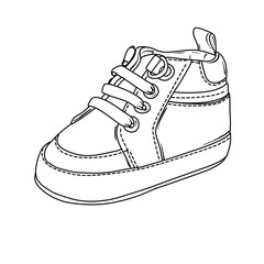 Detailed black and white line art of a baby sneaker, showcasing laces and stitching details.