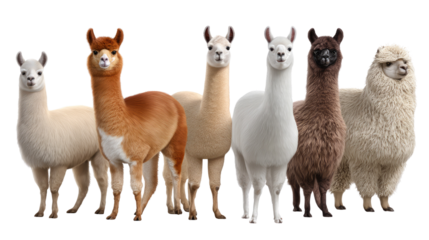 Llama Group: An array of llamas of varying colors stand together, their gentle eyes conveying a sense of curiosity and serenity. Each one showcases unique characteristics.