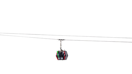 A ski lift cabin with skis and snowboards on cables. Isolated on a transparent background. PNG