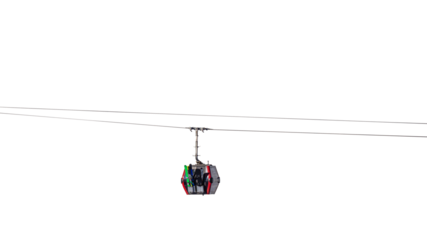 A ski lift cabin with skis and snowboards on cables. Isolated on a transparent background. PNG