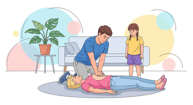 CPR training illustration showcasing a man performing chest compressions with girl watching