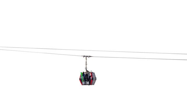 A ski lift cabin with skis and snowboards on cables. Isolated on a transparent background. PNG