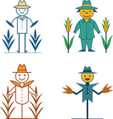 Smiling Farmers and Scarecrows Collection with Cornfield Harvest Elements Vector illustration