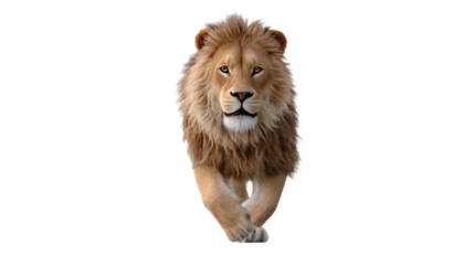 Majestic Lion's Forward Stride: A striking lion with a lush mane advances, its focused gaze capturing the viewer's attention in a vibrant, captivating portrait.