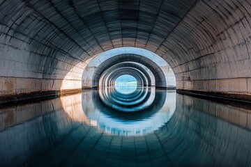 Vaulted bridge structure creates stunning mirror reflection beneath in calm water during early morning light
