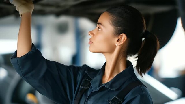 A female mechanic lifting a car with a hydraulic jack in a workshop emphasizes diversity in skilled trades strength technical competence and professional automotive