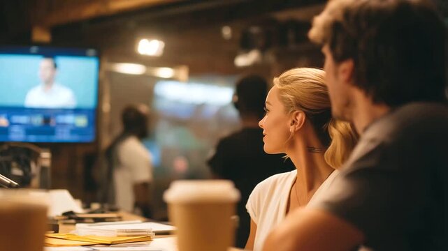 A group of extras waits in a casting lounge with headshots scattered on a table coffee cups steaming a TV showing a film reel and a clipboard listing names depicted in