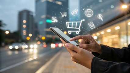 Engaging digital marketing event hand holding smartphone with holographic shopping cart and e-commerce icons in urban environment for online retail strategy