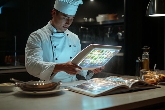 Chef engages with holographic recipe book while preparing meals in a modern kitchen