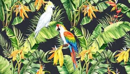Watercolor tropical birds and banana leaves on dark background, seamless pattern