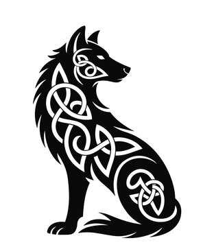 Celtic Knot-Patterned Wolf Illustration in Black and White
