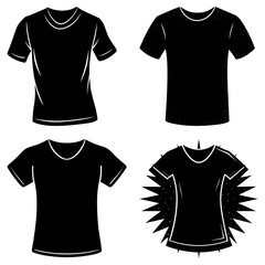 Illustration of four black t shirts with different necklines and design elements on a white background