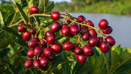 Obraz premium Cluster of ripe red berries on green foliage branch