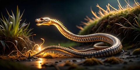 Fototapeta premium Illuminated serpentine creature with glowing scales, coiled in a mystical forest setting