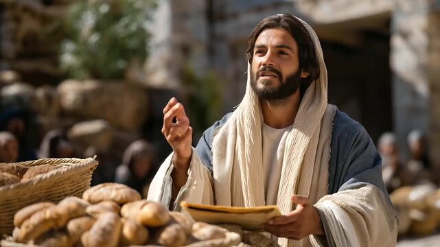 A man his cloak patched preaches in a marketplace his hands gesturing passionately. A crowd gathers their sandals scuffing on cobblestones. A leather scroll is tucked under his