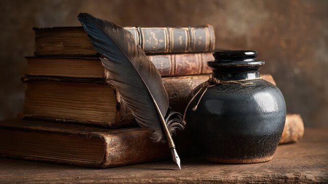 Literary Still Life - Quill, Inkwell, and Stack of Antique Books.