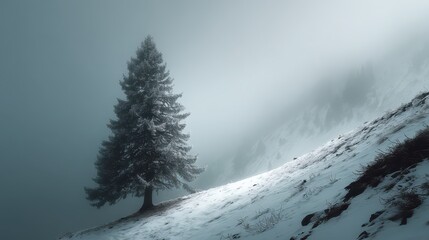 Lone Pine Tree on Snowy Mountain Slope in Winter Fog.