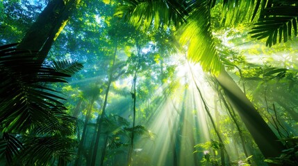 Lush tropical rainforest with sunlight streaming through dense foliage, creating a serene atmosphere