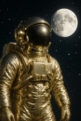 Golden Astronaut in Space with the Moon