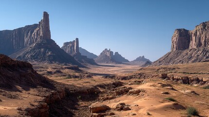 Sweeping vista shows vast desert canyon framed by towering rock formations under a clear blue sky