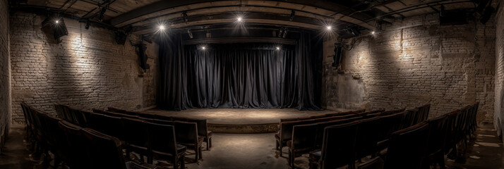 Empty vintage theater stage with dark curtains and rows of seats illuminated by spotlights