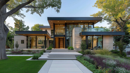 Naklejka premium Modern architecture showcases stunning contemporary home with large glass windows, sleek lines, and lush landscaping, creating serene atmosphere
