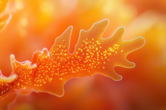 Close-up of a vibrant orange marine organism with bioluminescent-like yellow spots and translucent edges, set against a soft, glowing background.