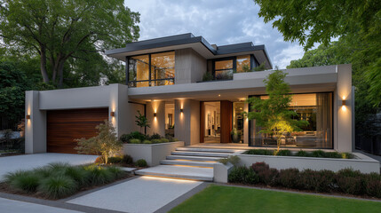 Fototapeta premium Modern architectural design showcases stunning contemporary home with large windows, elegant landscaping, and welcoming entrance. warm lighting