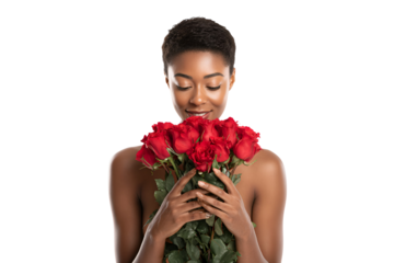 Romantic portrait of an elegant woman gently smelling a beautiful bouquet of long stemmed red roses symbol of love and affection in a Valentine's day or anniversary celebration
